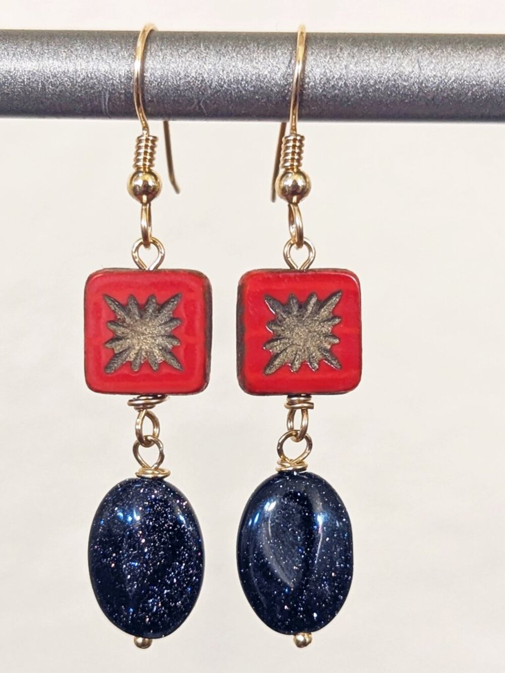 14K Gold Filled Red Starburst & Sparkle Navy Goldstone Dangle Earrings